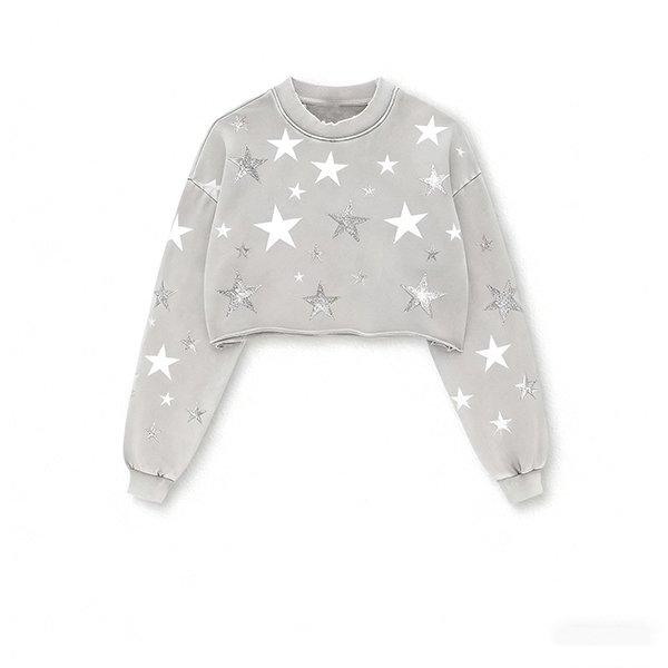 Women's Pullover Crop Sweatshirt - Retro Washed Oversized Crew Neck